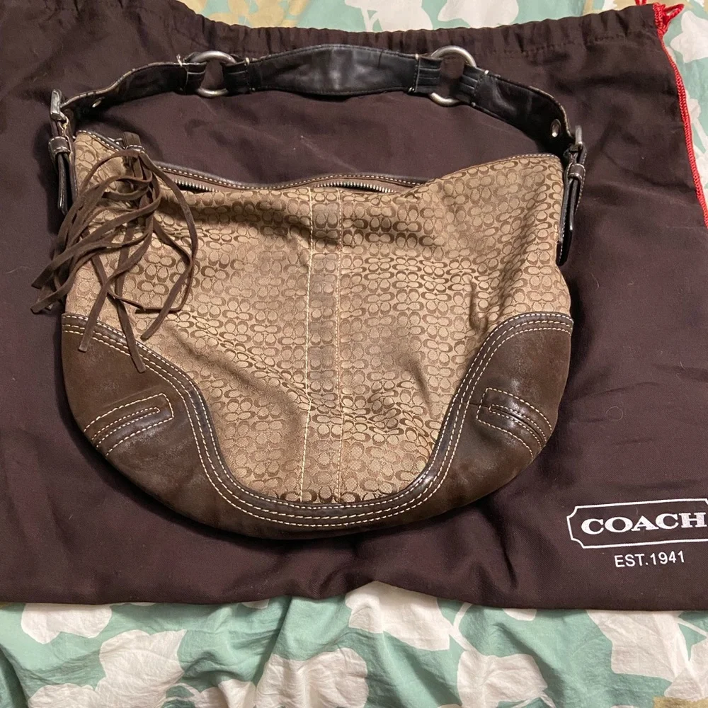 Vintage Coach 2158 Brown Signature Logo Suede Leather Hobo Shoulder